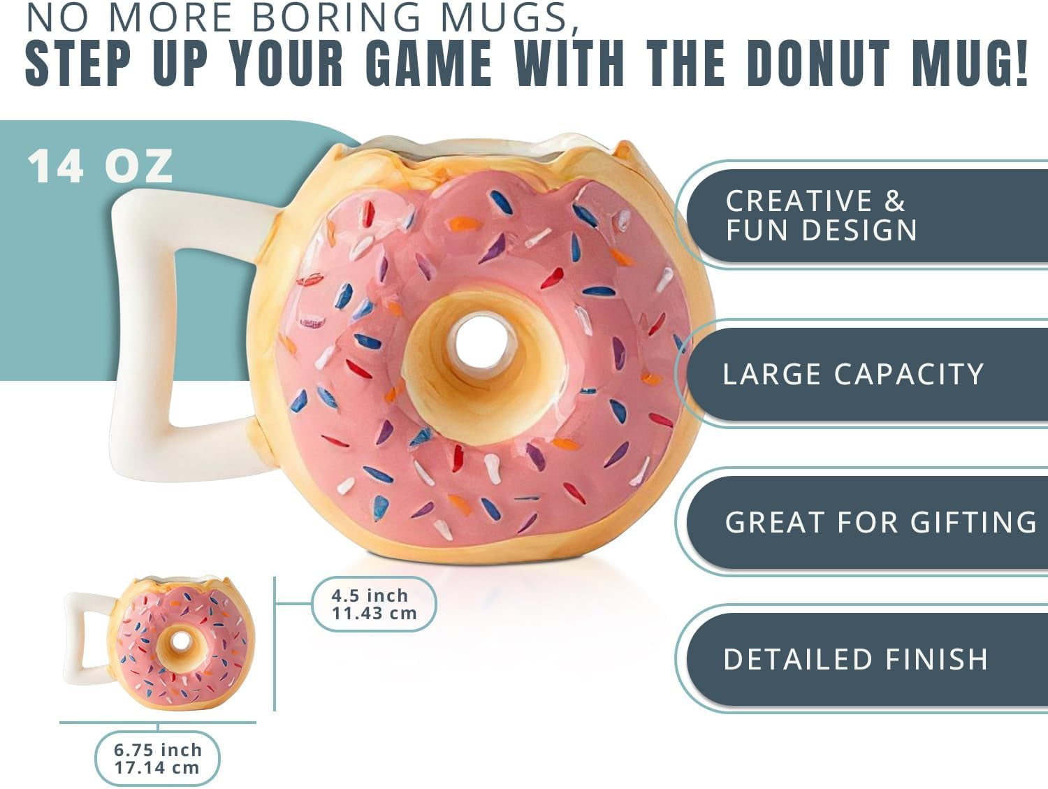 Ceramic Donut Mug - Delicious Pink Glaze Doughnut with Sprinkles - Funny "MMM... Donuts!" Quote - Best Cup for Coffee, Tea, Hot Chocolate and More - Large 14 Oz - Funny Coffee Mug Gift
