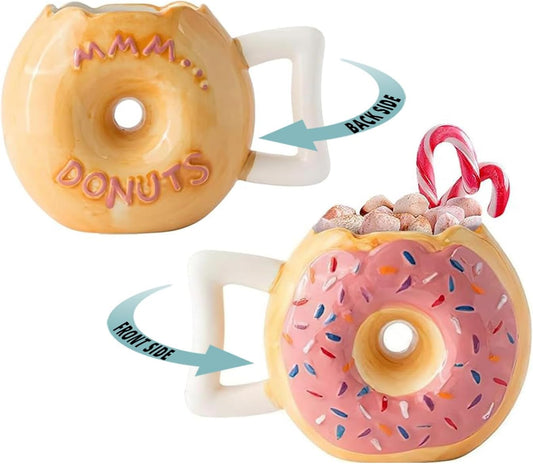Ceramic Donut Mug - Delicious Pink Glaze Doughnut with Sprinkles - Funny "MMM... Donuts!" Quote - Best Cup for Coffee, Tea, Hot Chocolate and More - Large 14 Oz - Funny Coffee Mug Gift