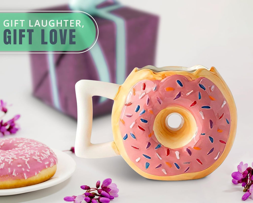 Ceramic Donut Mug - Delicious Pink Glaze Doughnut with Sprinkles - Funny "MMM... Donuts!" Quote - Best Cup for Coffee, Tea, Hot Chocolate and More - Large 14 Oz - Funny Coffee Mug Gift